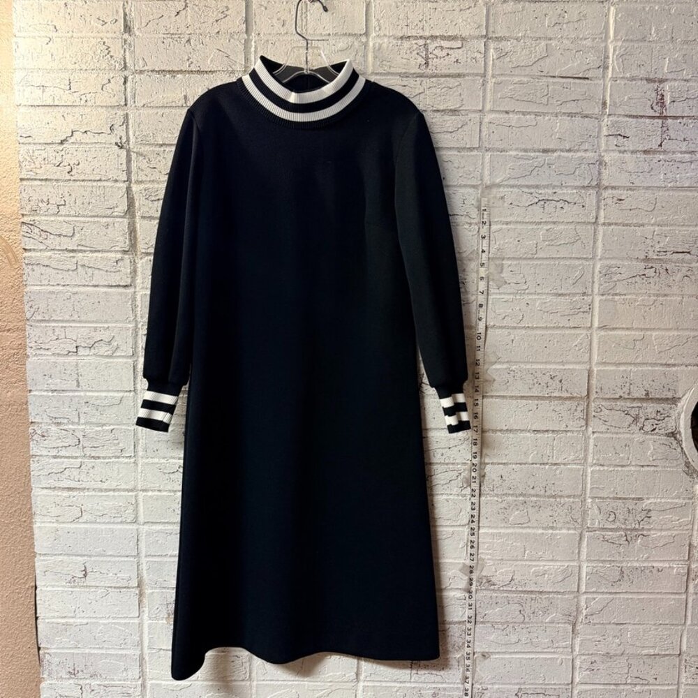 David Crystal Vintage Black Mod Dress Size 14 Striped Mock Neck 60s 70s A-Line